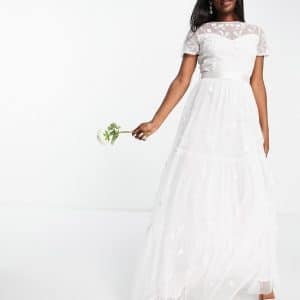 Beauut - Alt til bruden - Broderet maxikjole med tyl-nederdel i hvid