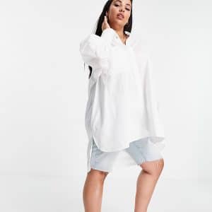 Threadbare Plus Size - Oversized skjortekjole med ballonærmer i hvid
