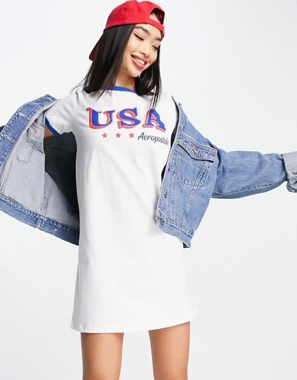 Aeropostale - Ringer-T-shirt-kjole med USA-logo i hvid