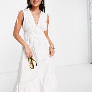 Topshop - Hvid pinafore-kjole med elastisk, rynket talje
