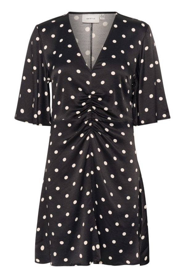 Gestuz - Kjole - GZdotta P SS dress - Black with egret dot (Levering midt maj)